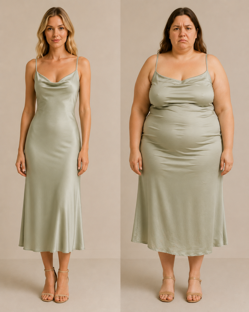 two women showing how bad clothing fits in different sizes